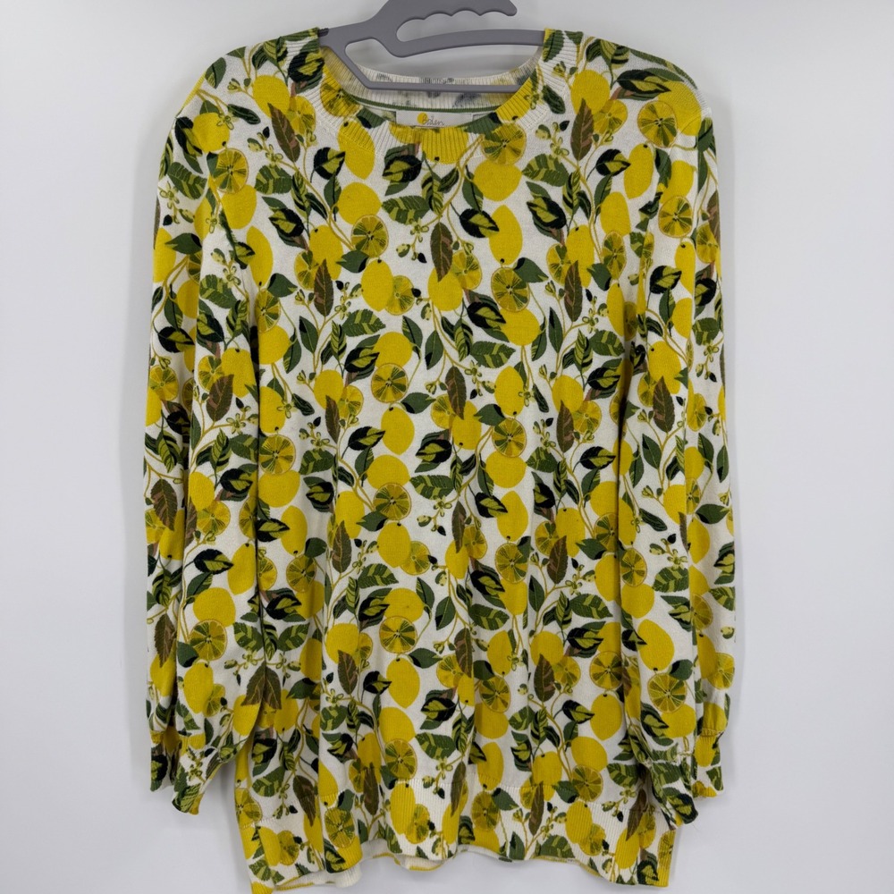 Boden Womens Yellow Lemon Citrus Print Crewneck Sweater Size US 12 UK 16